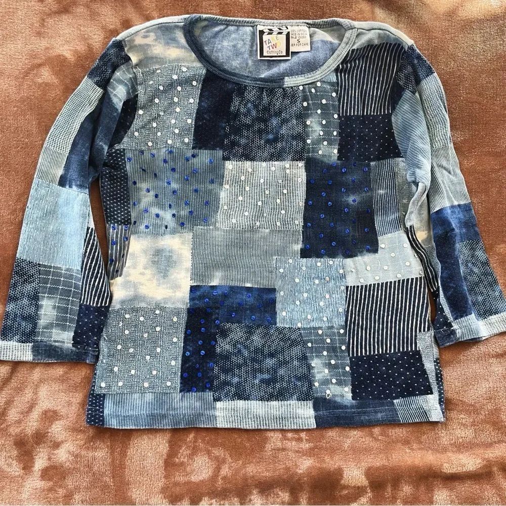 Take Two Women’ Patchwork 3/4 Sleeve Tee - Blue and White Sequins Size S